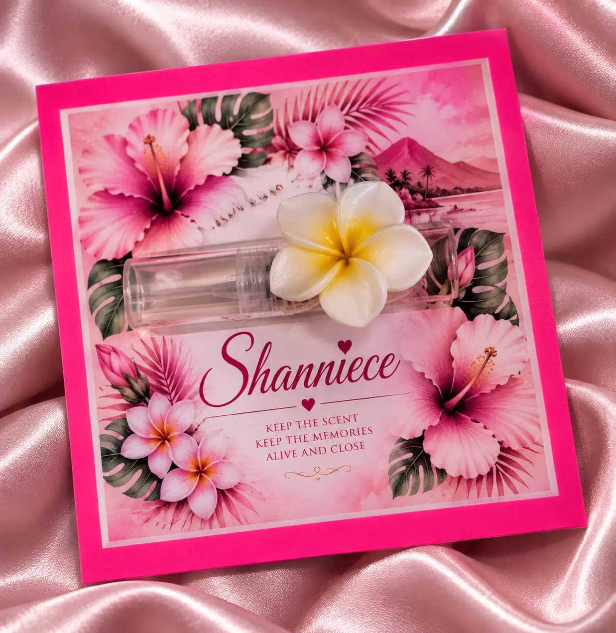 Pink tropical personalized fragrance card for Shanniece