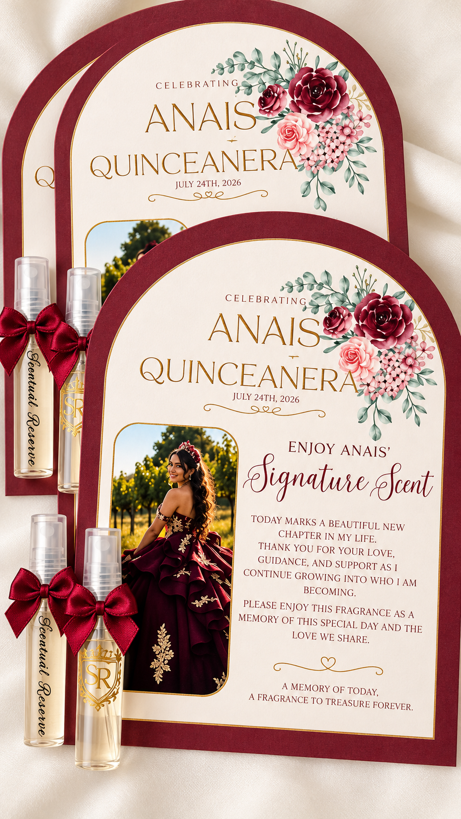 Anais quinceañera signature scent card with red-bow vials